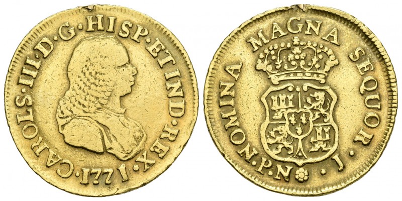 CARLOS III. 2 Escudos. 1771/0. Popayán J. Busto de Fernando VI. Sin indicación d...