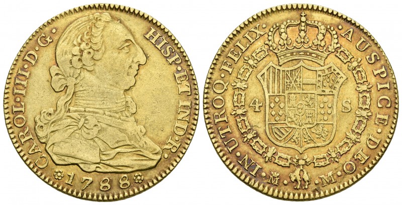 CARLOS III. 4 Escudos. 1788. Madrid M. Cal-315. Au. 13,50g. Bonito color. MBC/MB...