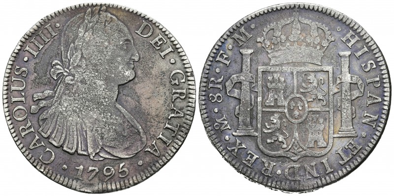 CARLOS IV. 8 Reales. 1795. México FM. Cal-689. Ar. 26,43g. Pátina irisada. BC+/M...