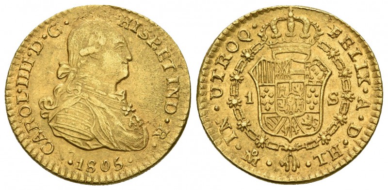 CARLOS IV. 1 Escudo. 1805. México TH. Cal-517. Au. 3,35g. Marquitas. MBC+. Rara....