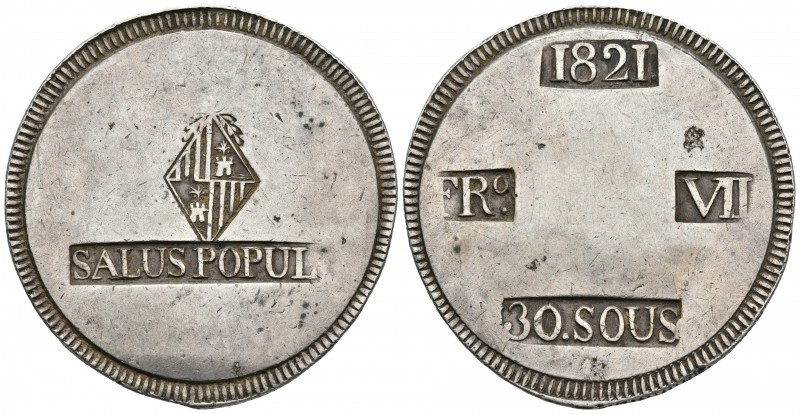 FERNANDO VII. 30 Sous. 1821. Mallorca. Cartela SALVS POPUL. Cal-525var. Ar. 26,7...