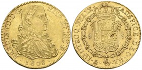 FERNANDO VII. 8 Escudos. 1808. México TH. Busto imaginario. Cal-43; Cal. Onza 1251. Au. 27,03g. Brillo original y hojita en reverso. EBC.