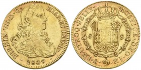 FERNANDO VII. 8 Escudos. 1809. México HJ. Busto imaginario. Sin punto entre ET e IND. Cal-44; Cal. Onza 1252. Au. 27,02g. MBC+. Escasa.
Ex. Soler y L...