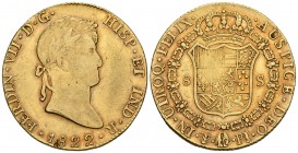 FERNANDO VII. 8 Escudos. 1822. Potosí PJ. Cal-88; Cal. Onza 1306. Au. 26,99g. Bonito color y hojita junto a la fecha. MBC+. Muy escasa.