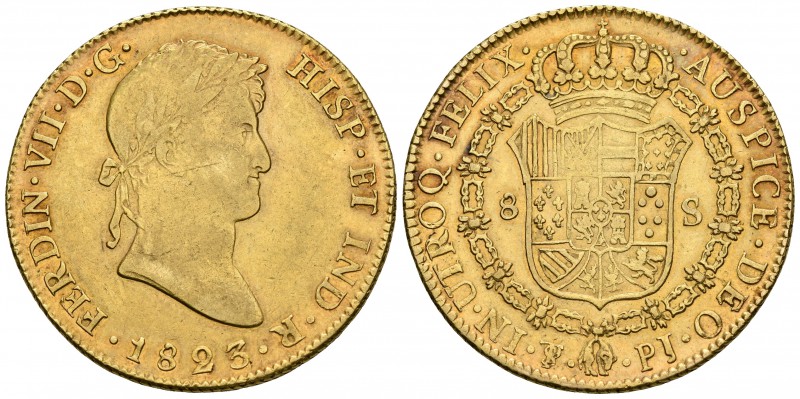 FERNANDO VII. 8 Escudos. 1823. Potosí PJ. Cal-89; Cal. Onza 1307. Au. 26,96g. Li...