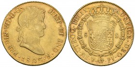 FERNANDO VII. 8 Escudos. 1823. Potosí PJ. Cal-89; Cal. Onza 1307. Au. 26,96g. Ligero tono. MBC+. Rara.
