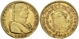 FERNANDO VII. 8 Escudos. 1808. Santiago FJ. Busto almirante. Cal-112; Cal. Onza 1341. Au. 26,93g. Ligero tono y hojita en reverso. MBC+. Rara.