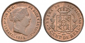 ISABEL II. 5 Céntimos de real. 1859. Segovia. Cal-616. Ae. 1,86g. Rayita en anverso. SC-.