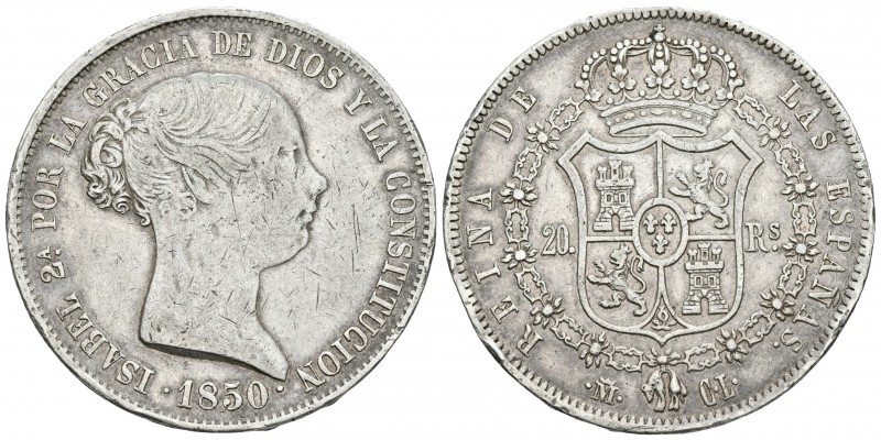 ISABEL II. 20 Reales. 1850. Madrid CL. Cal-170. Ar. 26,02g. Golpes en el canto. ...