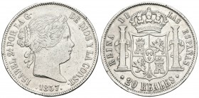 ISABEL II. 20 Reales. 1857. Madrid. Cal-179. Ar. 25,67g. Limpiada. Golpe en el canto. MBC-.