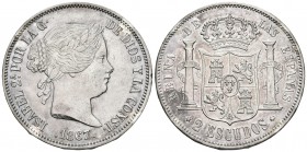 ISABEL II. 2 Escudos. 1867. Madrid. Cal-204. Ar. 26,01g. Estuvo en aro. Pátina. MBC+.
