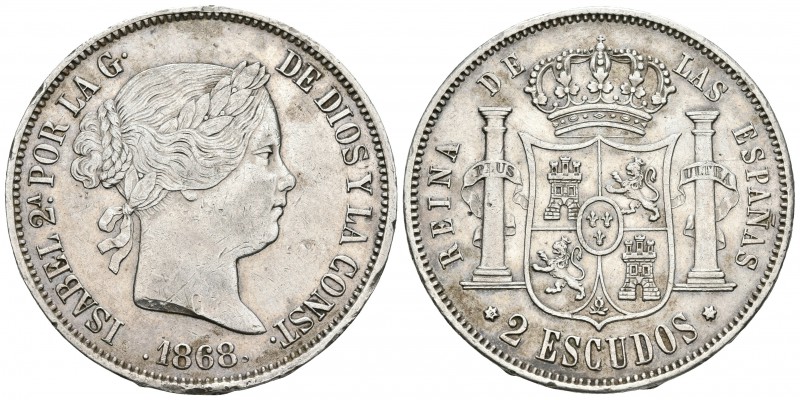 ISABEL II. 2 Escudos. 1868. Madrid. Cal-205. Ar. 25,96g. Marquitas y golpecitos ...