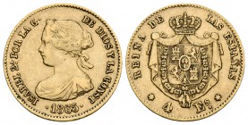 ISABEL II. 4 Escudos. 1865. Madrid. Cal-108. Au. 3,36g. MBC.