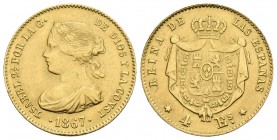 ISABEL II. 4 Escudos. 1867. Madrid. Cal-111. Au. 3,30g. MBC+/MBC.