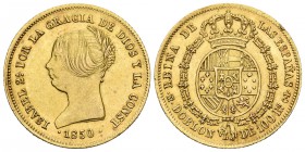 ISABEL II. Doblón de 100 Reales. 1850. Madrid CL. Cal-3. Au. 8,19g. Conserva parte del brillo original. Golpecito en el canto. MBC+/EBC-. Escasa.