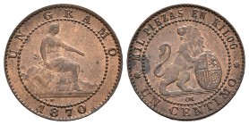 GOBIERNO PROVISIONAL. 1 Céntimo. 1870. Barcelona OM. Cal-27. Ae. 1,04g. SC-.