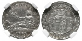 GOBIERNO PROVISIONAL. 20 Céntimos. 1869 *6-9 Madrid SNM. Certificada por NGC 4693349-003. Cal-18. Ar. Precioso tono. EBC-. Rarísima.

La moneda más ...