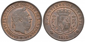 CARLOS VII. 5 Céntimos 1875. Bruselas. Cal-10. Ae. 5,12g. Conserva parte del brillo original. Acuñación floja. EBC-.