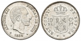 ALFONSO XII. 20 Centavos de Peso. 1885. Manila. Cal-92. Ar. 2,62g. Pleno brillo original. SC. Rara así.