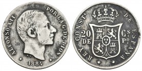 ALFONSO XII. 20 Centavos de Peso. 1884. Manila. Cal-91. Ar. 5,19g. MBC-.
