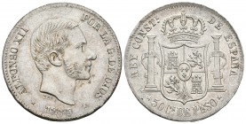 ALFONSO XII. 50 Centavos de Peso. 1885. Manila. Cal-86. Ar. 13,00g. Restos del brillo original. EBC.