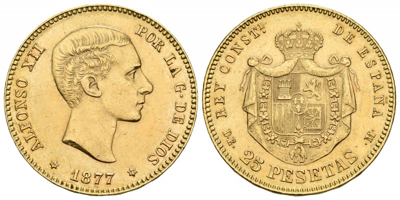 ALFONSO XII. 25 Pesetas. 1877 *18-77. Madrid DEM. Cal-3. Au. 8,05g. MBC+.