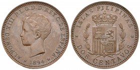 ALFONSO XIII. 2 Centavos. 1894. Manila. Grabador: Bartolomé Maura. Cal-pág. 844; Basso 92; Kr. Deluxe ANA Centennial Edition Pn10. Ae. 9,82g. EBC/EBC+...