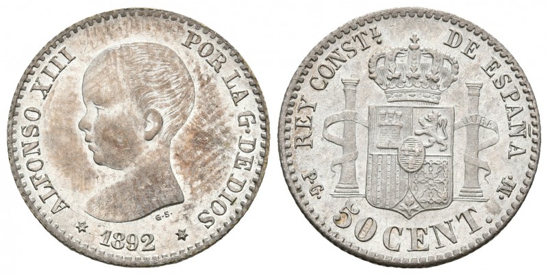 ALFONSO XIII. 50 Céntimos. 1892 *9-2. Madrid PGM. Cal-55. Ar. 2,48g. Brillo orig...