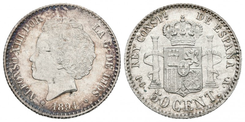 ALFONSO XIII. 50 Céntimos. 1894 *9-4. Madrid PGV. Cal-58. Ar. 2,49g. Pátina iris...