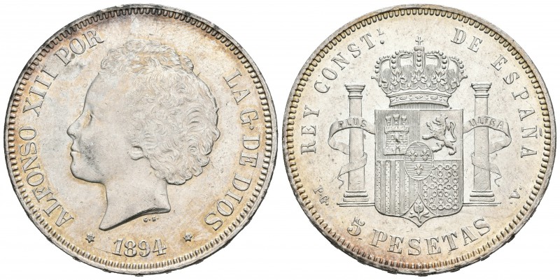 ALFONSO XIII. 5 Pesetas. 1894 *18-94. Madrid PGV. Tipo "Bucles". Cal-21. Ar. 24,...