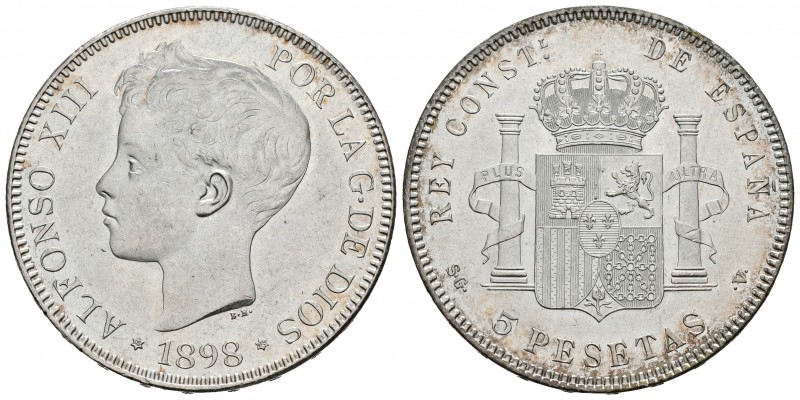 ALFONSO XIII. 5 Pesetas. 1898 *18-98. Madrid SGV. Cal-27. Ar. 24,90g. Brillo ori...