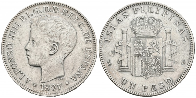 ALFONSO XIII. 1 Peso. 1897. Manila SGV. Cal-81. Ar. 24,92g. MBC-.