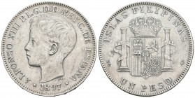 ALFONSO XIII. 1 Peso. 1897. Manila SGV. Cal-81. Ar. 24,92g. MBC-.