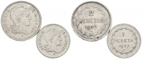 EUZKADI. Serie completa. (1 Peseta y 2 Pesetas). 1937. Cal-6. Ni. EBC+/EBC.