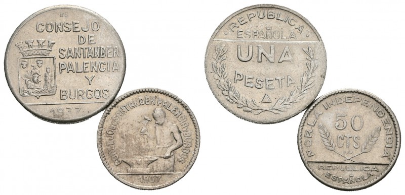 SANTANDER, PALENCIA Y BURGOS. Serie 50 cts (Con ensayador PJR) y 1 pta. 1937. Ca...