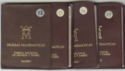 ESTADO ESPAÑOL. Conjunto de 4 carteras de pruebas numismáticas de los años 1972-1973-1974 y 1975 realizadas por la FNMT. PROOF.