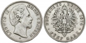 ALEMANIA. Luis II. 5 Marcs. 1874. München D. Km#502. Ar. 27,67g. Golpecitos en canto. MBC.