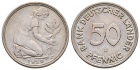 ALEMANIA. 50 Pfennig. 1950 G. Bank Deutscher Länder. Km#104; Jaeger 379. Cu/Ni. 3,53g. Pátina. MBC+. Rara.