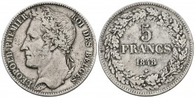 BELGICA. Leopold I. 5 Francs. 1848. Km#3.2. Ar. 24,73g. MBC-.
