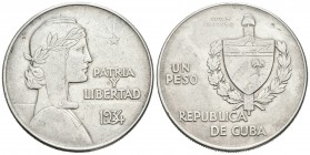 CUBA. 1 Peso. 1934. Km#22. Ar. 26,74g. MBC/MBC-.