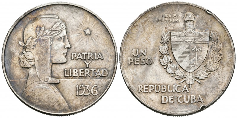 CUBA. 1 Peso. 1936. Km#22. Ar. 26,78g. Pátina. Golpes en el canto. MBC+.