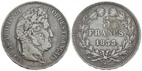 FRANCIA. Louis Philippe I. 5 Francs. 1833. Bayonne L. Km#749.8. Ar. 24,68g. Erosión en reverso. MBC-.