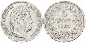FRANCIA. Louis Philippe I. 5 Francs. 1833. Marseille MA. Km#749.10. Ar. 24,85g. EBC-/MBC+.