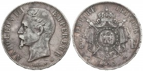 FRANCIA. Napoleón III. 5 Francs. 1855. Strasbourg BB. Km#782.2. Ar. 24,75g. Pátina. BC+.