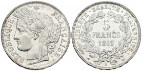 FRANCIA. 5 Francs. 1849. París A. KM#761; G-719. Ar. 24,97g. Brillo original y leves marquitas. EBC+/SC-. Escasa así.