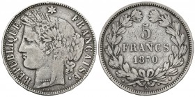 FRANCIA. 5 Francs. 1870. Bourdeaux K. Km#818.2. Ar. 24,83g. MBC-.