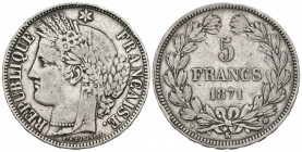 FRANCIA. 5 Francs. 1871. Bourdeaux K. Km#818.2. Ar. 24,82g. MBC.