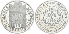 FRANCIA. 100 Francs-15 Ecus. 1990. Carlomagno. Km#982. Ar. 22,30g. PROOF.