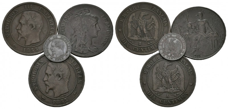 FRANCIA. Conjunto de 3 monedas, conteniendo: 1 Céntime. 1855. A; 10 Céntimes. 18...