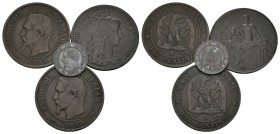 FRANCIA. Conjunto de 3 monedas, conteniendo: 1 Céntime. 1855. A; 10 Céntimes. 1855. (2) y 10 Céntimes. 1916. Ae. MBC/EBC.